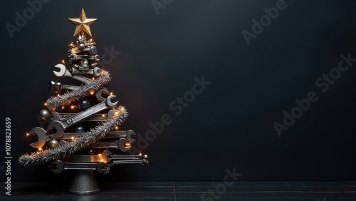 Christmas tree made of wrenches decorated with balls on a black background. New Year banner with tools. Postcard with place for greeting text for happy new year with industrial holiday concept.