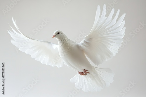 On a white background, a white dove flies freely. Generative Ai photo