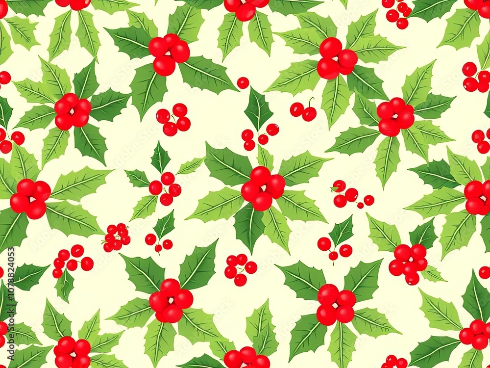 A seamless watercolor pattern of vibrant holly leaves and red berries on a light background, perfect for Christmas and holiday designs.
A seamless watercolor pattern of vibrant holly leaves and red berries on a light background, perfect for Christmas and holiday designs.