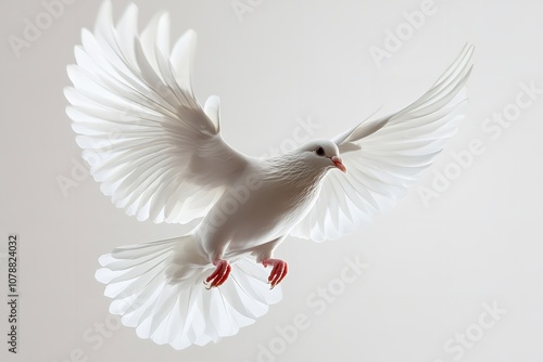 On a white background, a white dove flies freely. Generative Ai photo