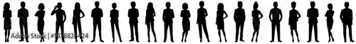 Vector illustration silhouette of group of business people standing. Diverse business people standing, men and women full length. Vector illustration isolated on white background.