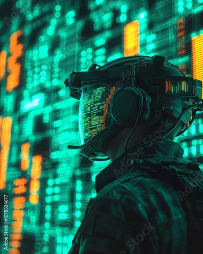 A soldier in futuristic gear stands against a digital backdrop, featuring glowing data streams and high-tech visuals, suggesting a blend of technology and military experience. photo