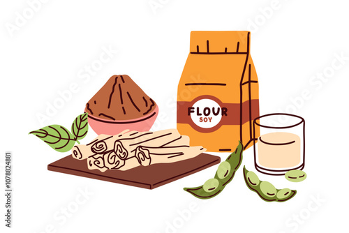 Soy products. Vegan produce, vegetarian food ingredients. Flour, tofu skin, soymilk, plant-based veg milk. Healthy protein goods from soybeans. Flat vector illustration isolated on white background