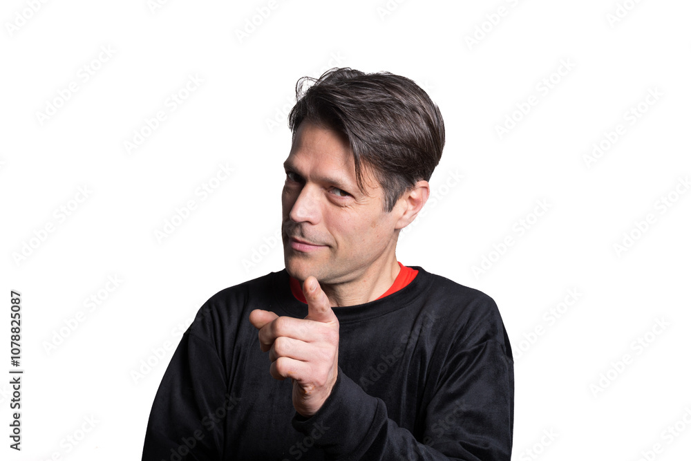 Middle-aged man pointing to camera on white background. Middle-aged man pointing to camera on white background.