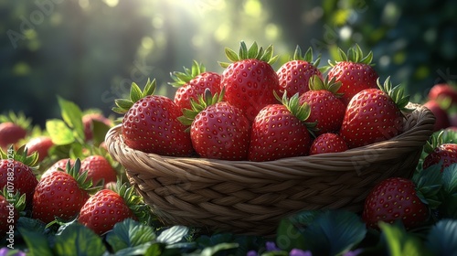 A basket overflowing with fresh, ripe strawberries in a natural setting.