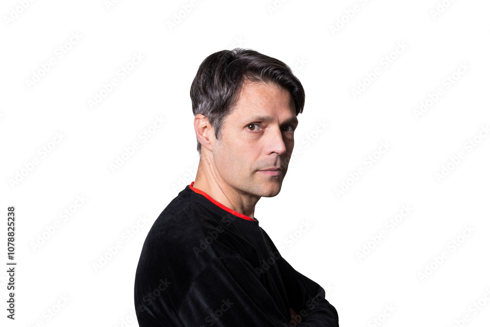Middle-aged man in casual clothes on white background, looking at the camera. Middle-aged man in casual clothes on white background, looking at the camera.