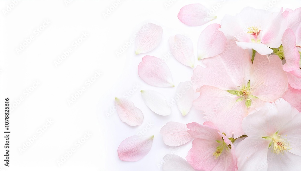 Closeup of Blooming Stock Flowers and Petals Isolated on White Background. Top View of Flower with Empty Space. Closeup of Blooming Stock Flowers and Petals Isolated on White Background. Top View of Flower with Empty Space.