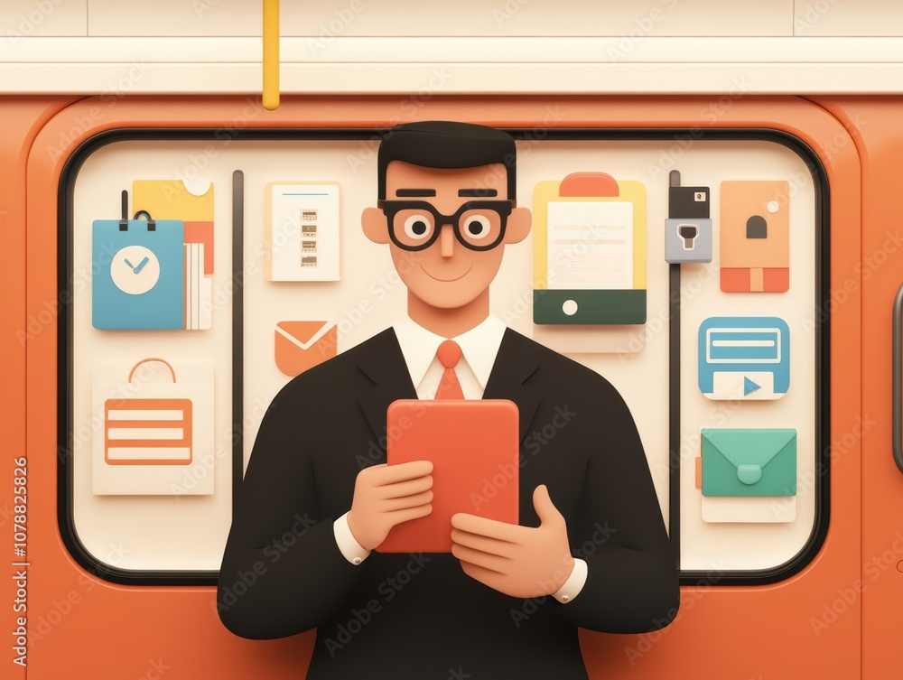 Business commuter organizing schedules on a smartphone while seated in a bustling subway, emphasizing multitasking Business commuter organizing schedules on a smartphone while seated in a bustling subway, emphasizing multitasking