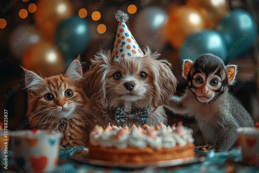 Fototapeta premium Happy Birthday funny kitten and dog celebrating with cake surrounded by balloons and colorful decorations for joyful display