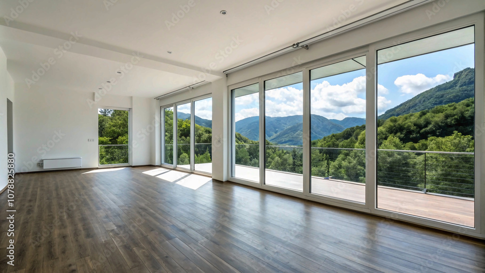 Fototapeta premium Bright and airy interior design complemented by nature’s grandeur outside.”