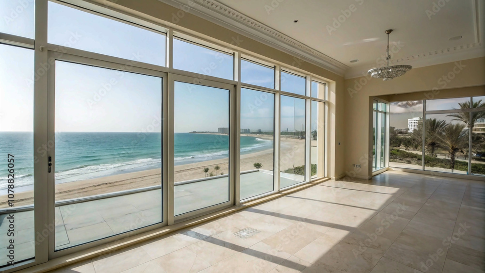 Fototapeta premium Modern elegance meets coastal serenity in this sunlit room with sweeping seaside vistas.”