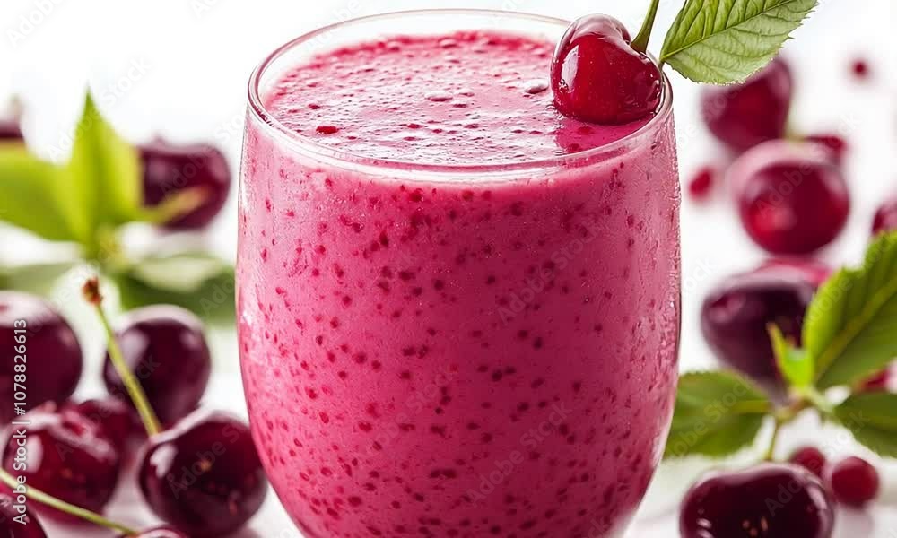 Cherry smoothie in a glass surrounded by cherries on a white background Cherry smoothie in a glass surrounded by cherries on a white background