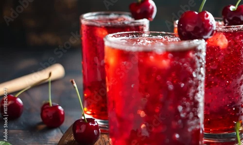 Glass of cherry juice surrounded by cherries on a wooden table photo