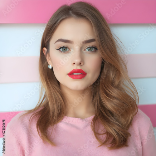 A pretty girl with brown flowy hair and very red lips