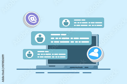 New Email Concept displayed on computer screen, email marketing, online business strategy, advertising, email newsletter, sending messages, marketing materials. Flat vector illustration.