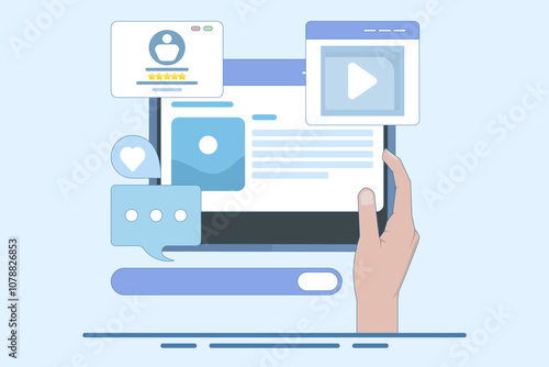 Concept of reading website content based on audience, Content ranking, Content marketing in search engines, Social media content with likes, shares and comments. Vector illustration background.