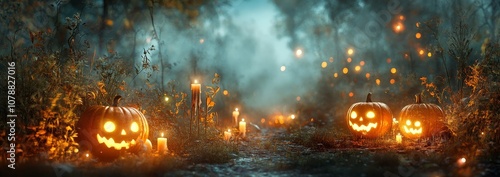 Halloween night scene with spooky pumpkins and candles in a foggy garden, ultra-realistic spooky atmosphere.