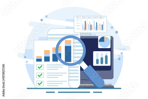 accounting analytics concept with graphs, audit research on computer, flat cartoon, big paper financial report data analysis on pc and magnifying glass, digital document success check.