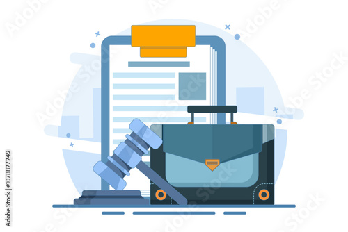 Lawyer document bag concept, business law portfolio clip art illustration, legal jurisprudence contract policy document, case bag with corporate office permit form isolated. Vector icon.