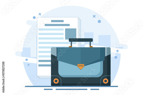 Lawyer document bag concept, business law portfolio clip art illustration, legal jurisprudence contract policy document, case bag with corporate office permit form isolated. Vector icon.