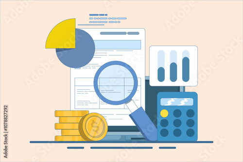 Business Profit and Loss Report Concept, Business Data Analysis, Payroll, Salary Calculation Concept, Flat Illustration for Web Banner, Landing Page, Mobile App. flat illustration on background.