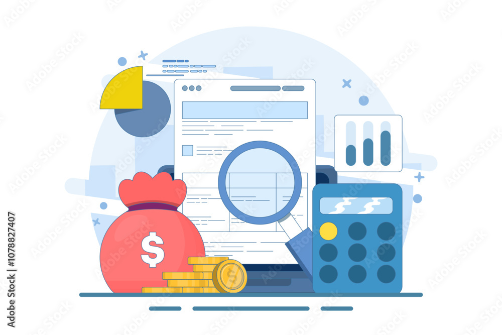 Business Profit and Loss Report Concept, Business Data Analysis, Payroll, Salary Calculation Concept, Flat Illustration for Web Banner, Landing Page, Mobile App. flat illustration on background. Business Profit and Loss Report Concept, Business Data Analysis, Payroll, Salary Calculation Concept, Flat Illustration for Web Banner, Landing Page, Mobile App. flat illustration on background.
