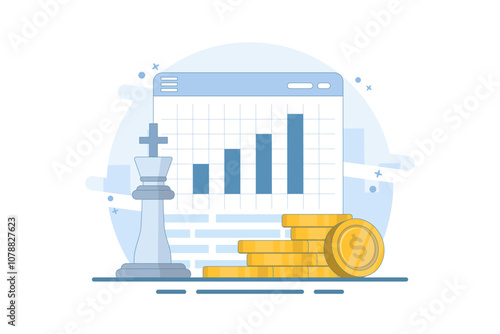 Digital financial growth concept, Online financial system management with chess king piece, tablet, gold coins on isolated background, digital marketing. Flat vector illustration on background.