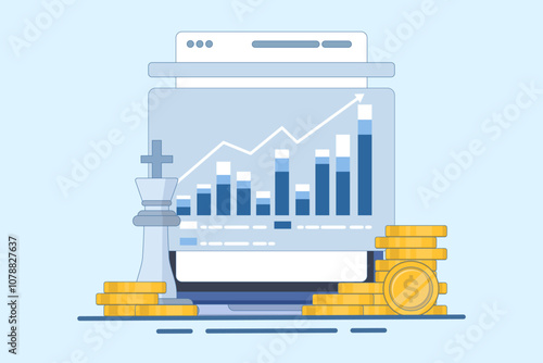 Digital financial growth concept, Online financial system management with chess king piece, tablet, gold coins on isolated background, digital marketing. Flat vector illustration on background.