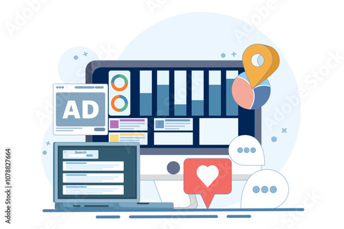 Digital marketing report concept, website marketing analysis, social media advertising data analysis, SEO audit, content analysis, online website audit and data analysis, flat vector illustration.