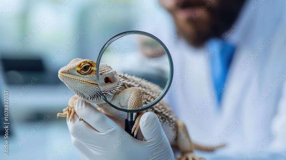 Lizard Experiment A researcher examines a bearded dragon lizard through a magnifying ...