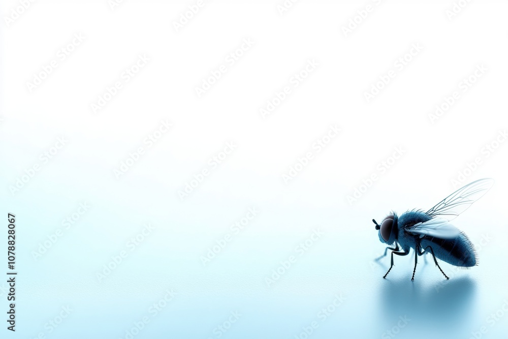 Close-up of a fly on a blue surface with white background. Close-up of a fly on a blue surface with white background.