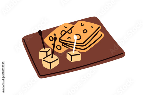 Cheese platter, board. Gourmet delicatessen serving, cheesy snacks on plate. Gouda pieces and emmental slices. Cheeseboard, dairy delicacy. Flat vector illustration isolated on white background