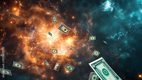 Dollar bills float through a vibrant galaxy, symbolizing the boundless opportunities and financial abundance that the universe holds for those who dare to dream big.mp4