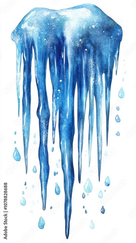 Icicle with water droplets, blue tones on white isolate background Icicle with water droplets, blue tones on white isolate background