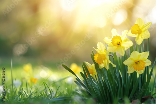 close up of daffodils flowers in spring or summer garden, sunset background with copy space