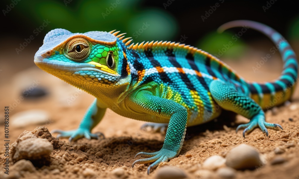 Fototapeta premium Vibrant blue and green striped lizard on sandy terrain