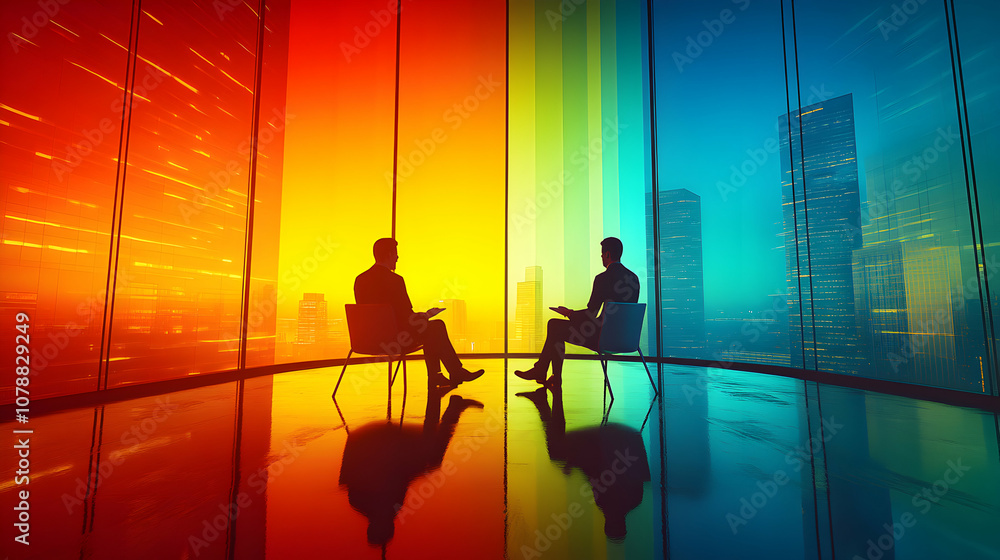 Fototapeta premium Silhouettes of Two Businessmen Sitting in Chairs Facing Each Other in a Modern Office with a View of a City Skyline Through Large Windows with a Colorful Gradient Background