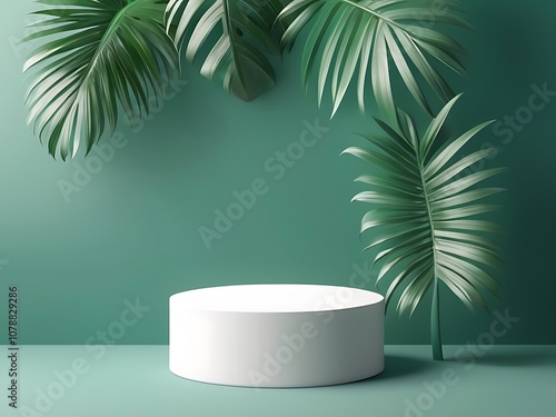 White 3d pedestal Tealish Green background with realistic palm leaves for cosmetic product presentation fashion magazine photo