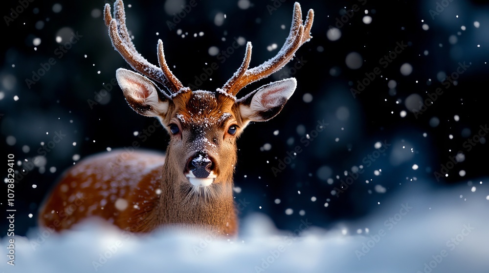 A deer with antlers standing in the snow A deer with antlers standing in the snow