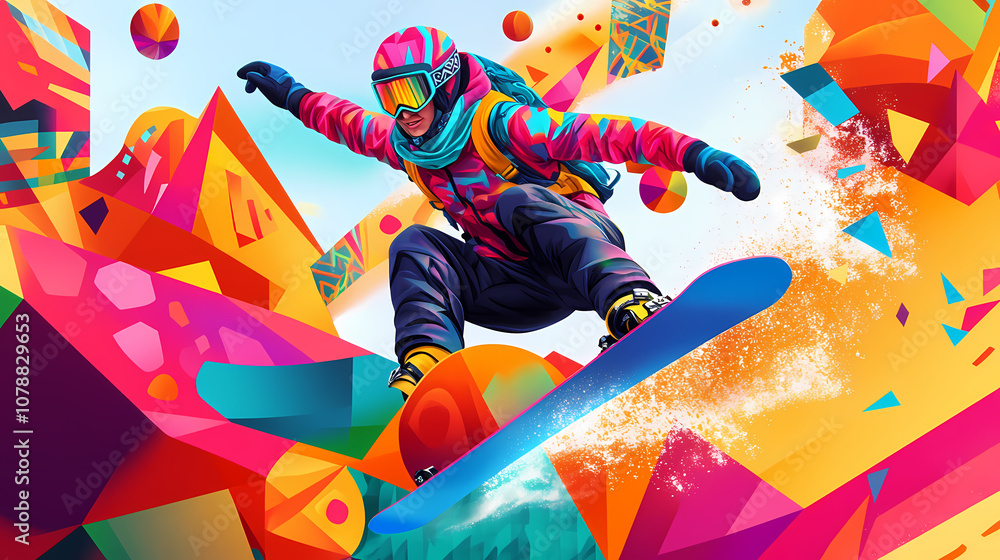 Obraz premium Vibrant snowboarding adventure: geometric shapes take the ride. Kaleidoscope. Illustration