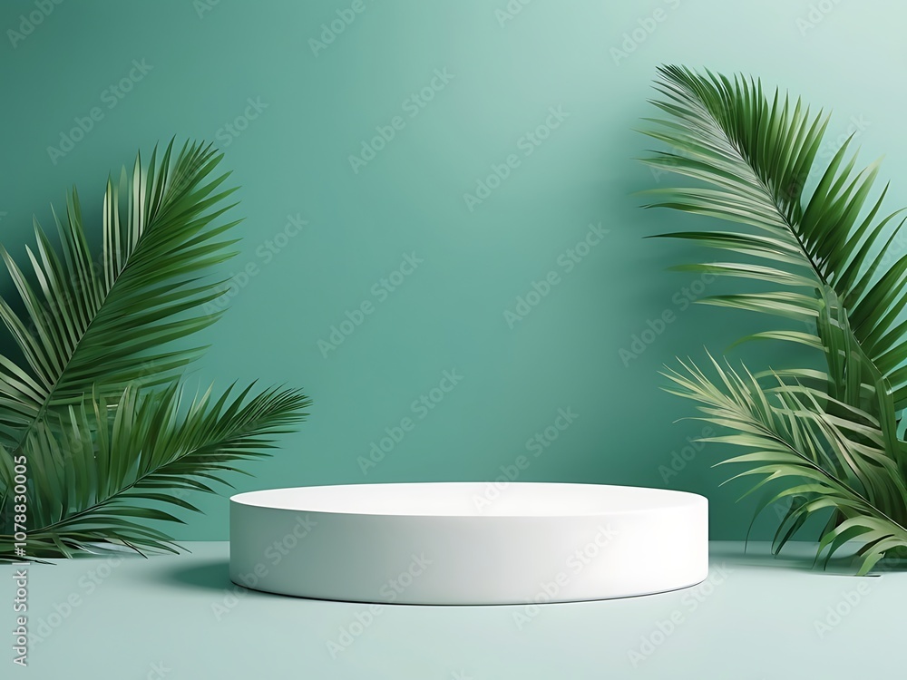 White 3d pedestal Tealish Green background with realistic palm leaves for cosmetic product presentation fashion magazine White 3d pedestal Tealish Green background with realistic palm leaves for cosmetic product presentation fashion magazine