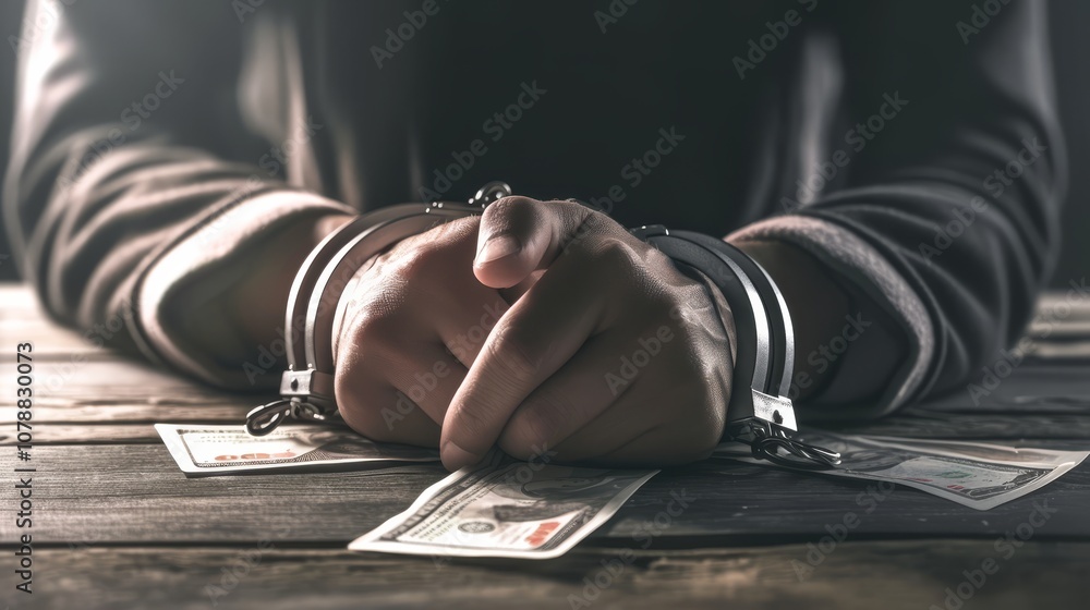 Fototapeta premium Dirty hands in handcuffs, with money, International Anti-Corruption Day. Poster on the topic of corruption and crimes related to theft