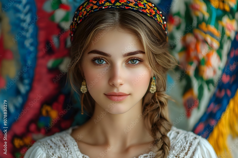 Obraz premium Young woman in traditional attire with vibrant embroidery background