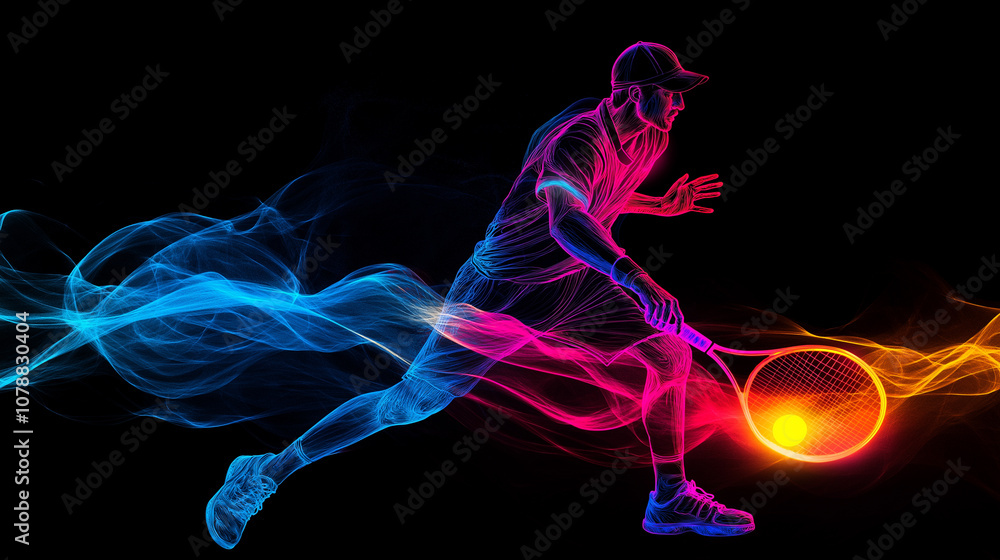 Dynamic neon illustration of a tennis player taking a swing on a dark background. Fluorescent pink and blue lines create a dynamic, futuristic atmosphere, emphasizing movement and athleticism Dynamic neon illustration of a tennis player taking a swing on a dark background. Fluorescent pink and blue lines create a dynamic, futuristic atmosphere, emphasizing movement and athleticism