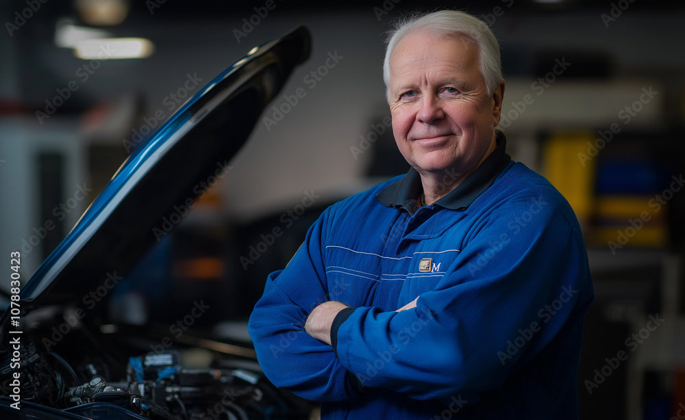 Portrait of a confident male mechanic standing with crossed arms in an auto repair shop, showcasing experience and professionalism. Portrait of a confident male mechanic standing with crossed arms in an auto repair shop, showcasing experience and professionalism.