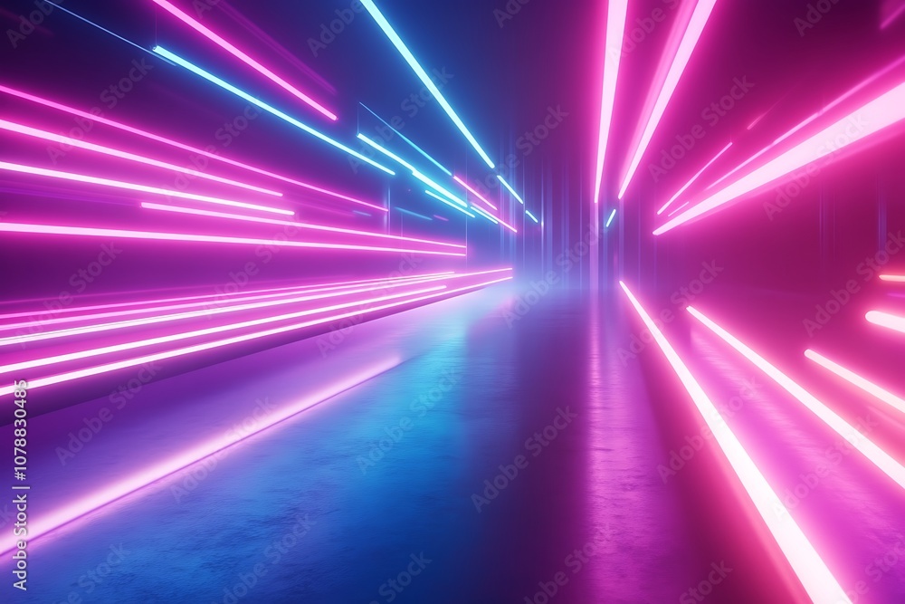 Abstract neon light beams crossing a digital grid to form vibrant glowing effects. Abstract neon light beams crossing a digital grid to form vibrant glowing effects.