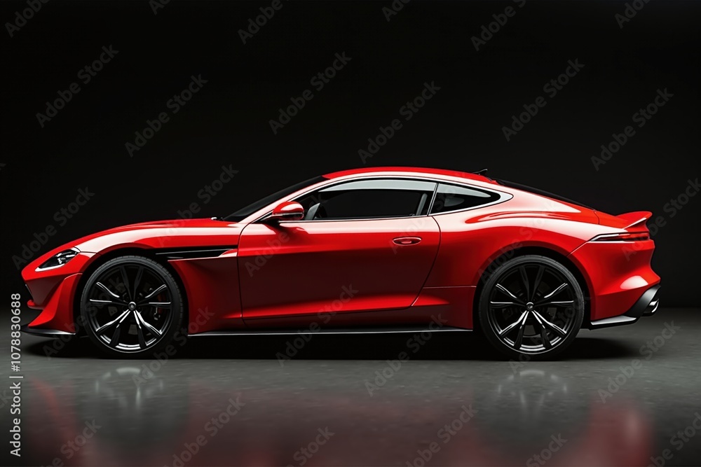 Sleek red sports car with black background highlighting modern design and luxury features. Sleek red sports car with black background highlighting modern design and luxury features.