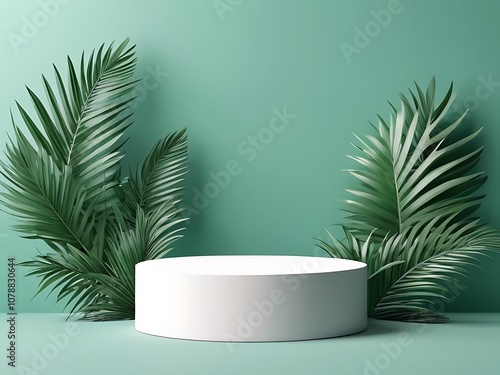 White 3d pedestal Tealish Green background with realistic palm leaves for cosmetic product presentation fashion magazine photo