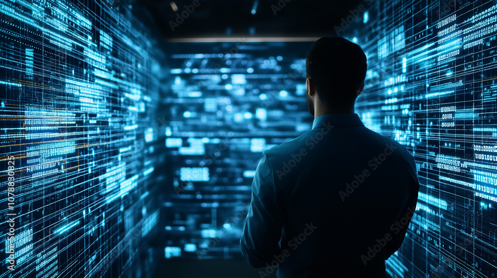 Professional walks through a futuristic data center surrounded by rows of illuminated server racks. Blue lights and sleek design reflect the theme of technology, cybersecurity Professional walks through a futuristic data center surrounded by rows of illuminated server racks. Blue lights and sleek design reflect the theme of technology, cybersecurity