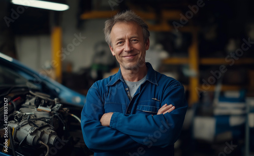 Portrait of a confident male mechanic standing with crossed arms in an auto repair shop, showcasing experience and professionalism.